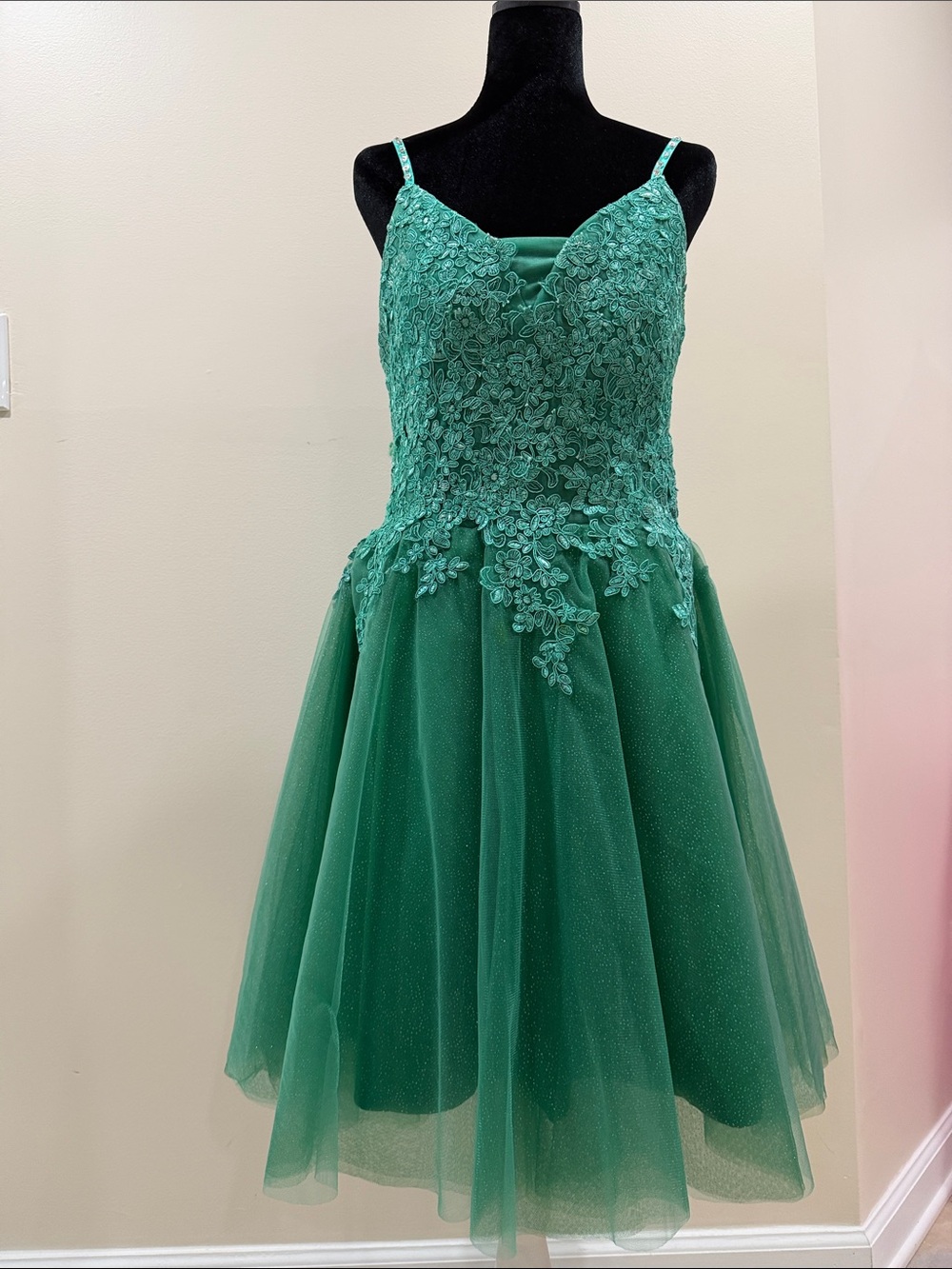 Green Lace Applique Tulle Formal Dress